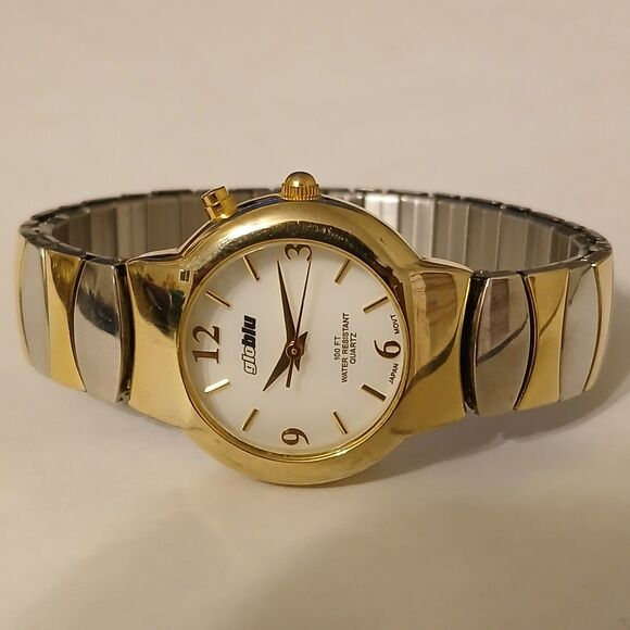 Globu Two-Toned 100FT WR Japan Quartz Movt Stainless Steel Stretch Band Watch - Picture 1 of 13